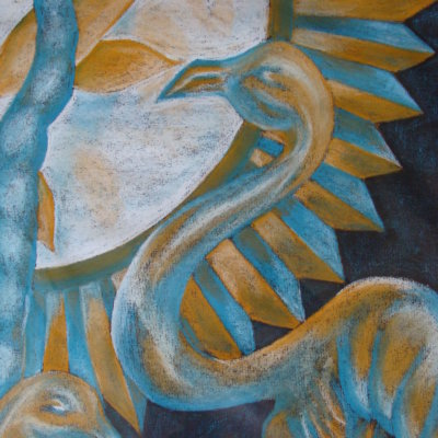 Yellow Teal Flamingo and Tree