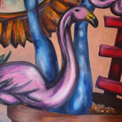 Pink Flamingo Blue Tree